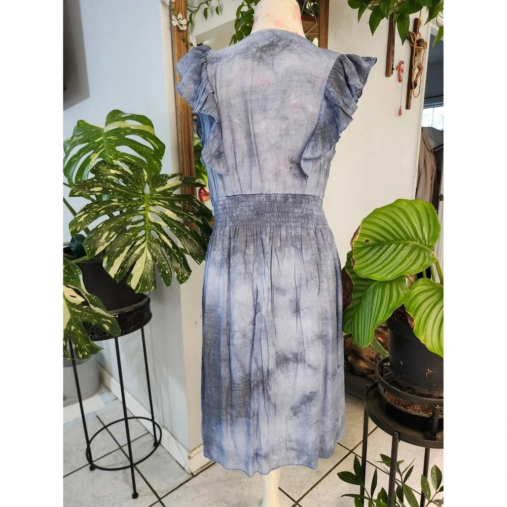 Women's Blue Button-Front‎ Midi Dress with Ruffle Sleeves